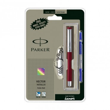 Parker Vector Mettalix CT Roller Ball Pen (Red) +Free Swiss Knife